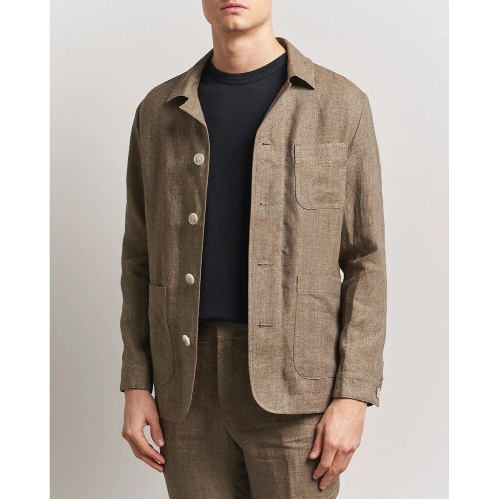 HUGO BOSS Jacket Mens Size 40 Brown Button Up 100% Linen Overshirt CARPER $595